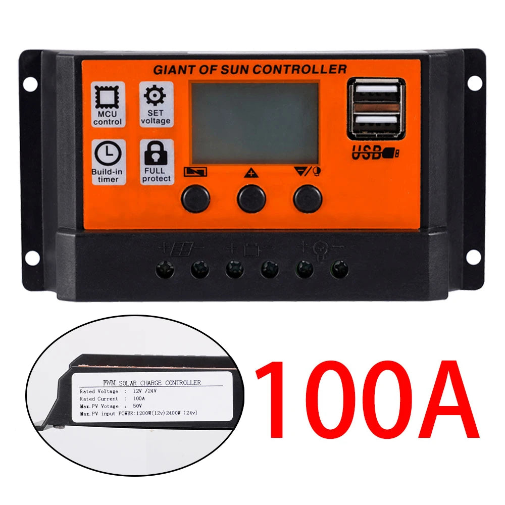 Solar Charging Controller, Smart solar charger controller with display, dual USB ports, and advanced features for safe and efficient charging.