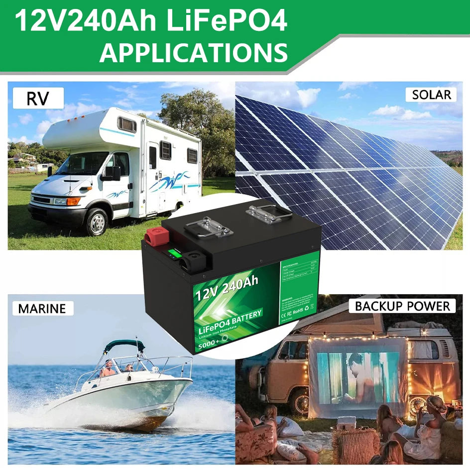 12V 240Ah 200Ah LiFePO4 Battery, LiFePO4 battery pack for RV, solar, marine, and backup power use, RoHS compliant and rechargeable.