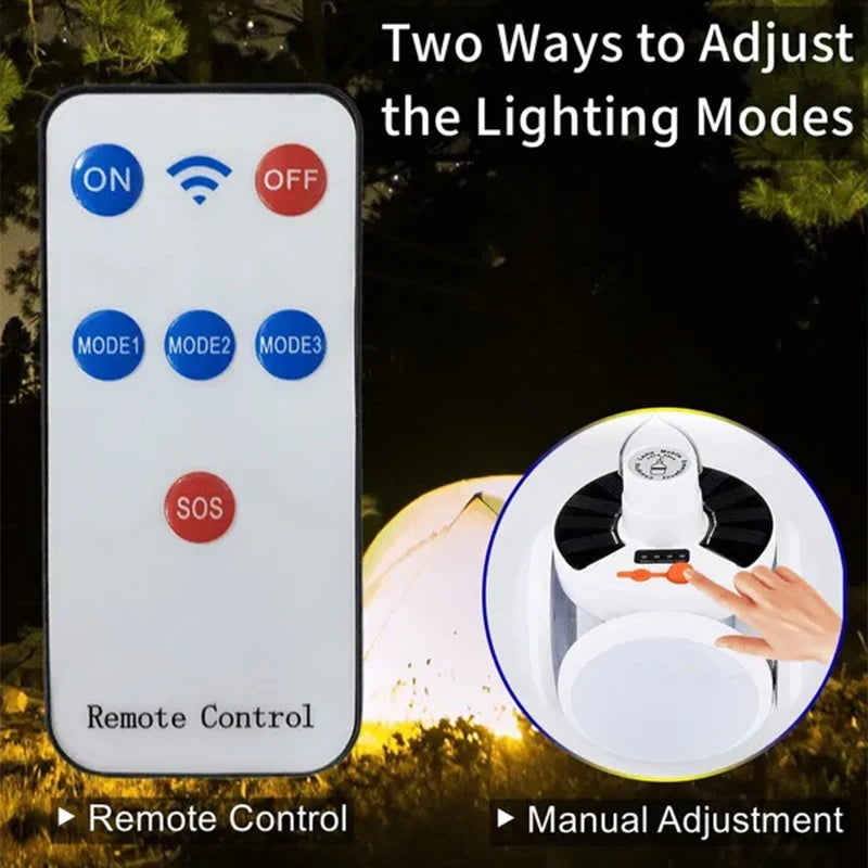 Solar Outdoor Folding Light, Adjust brightness with three modes: on/off, mode 1/2, and SOS; control via remote or manual adjustment.