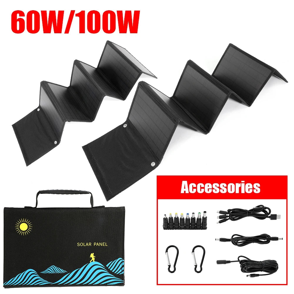 60W/100W Solar Panel, Folding solar panel bag charges devices on-the-go with USB and DC outputs.