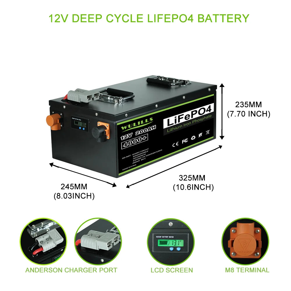 LiFePO4 battery with BMS for home energy storage; various sizes available, perfect for solar power systems.