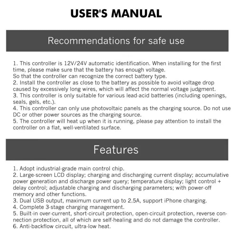 Solar charge controller with LCD display, regulates power and charges devices via dual USB ports.