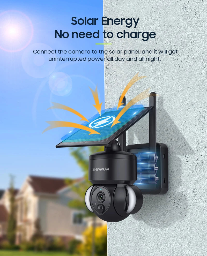 SHIWOJIA 516C Solar Camera, Seamless connection to built-in solar panel provides constant power, no charging required.