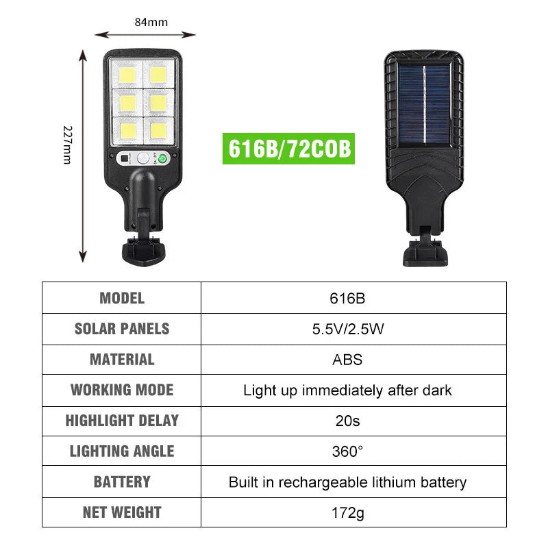 Solar-powered lamp model 616B: solar panel, ABS material, automatic light activation at dusk.