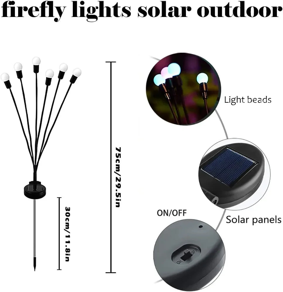 8Pack Solar Firefly Light, Waterproof solar lights with LED bulbs and swaying motion for outdoor decoration.
