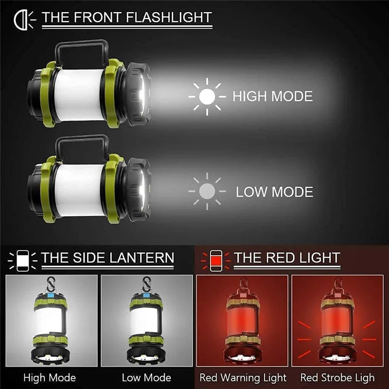 Multi-mode LED lighting for camping and emergencies: front flash, side lantern with warning light, strobe, and adjust brightness.
