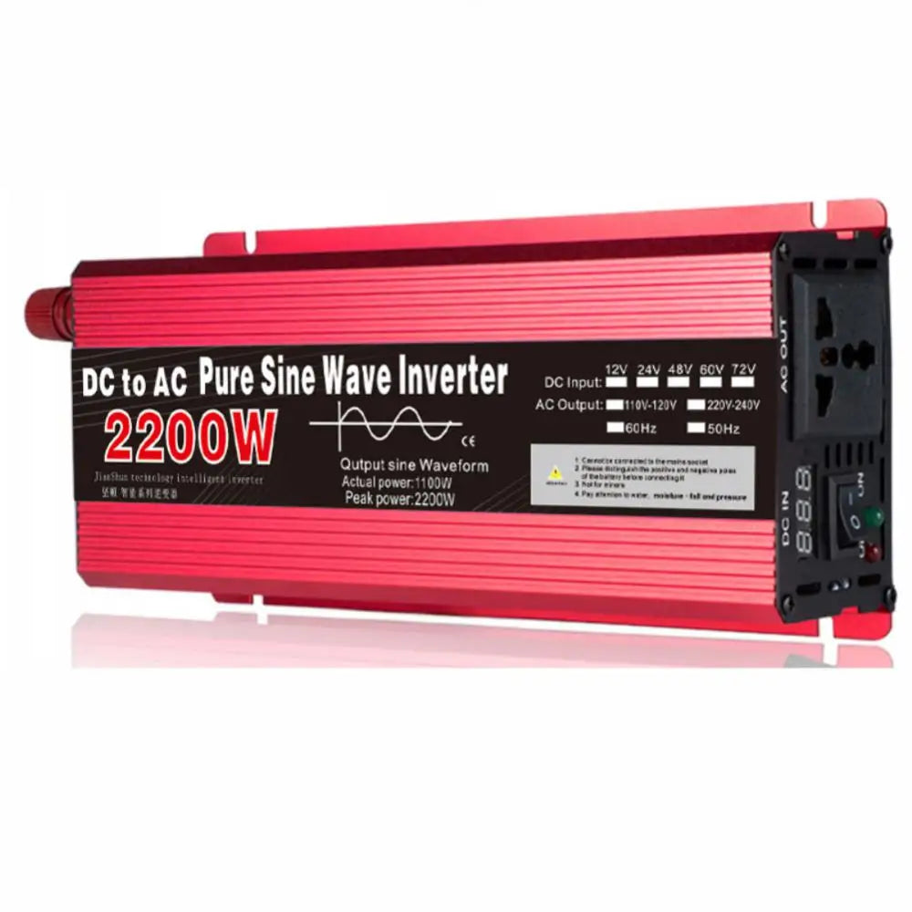 Universal Inverter: Converts DC to AC power with sine wave output, LED display, and up to 3000W or 2200W max power.