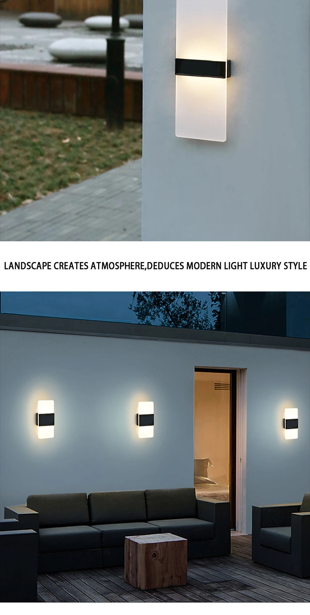 LED Solar Wall Light, Elegant outdoor lighting creates a modern ambiance, perfect for luxury landscapes.