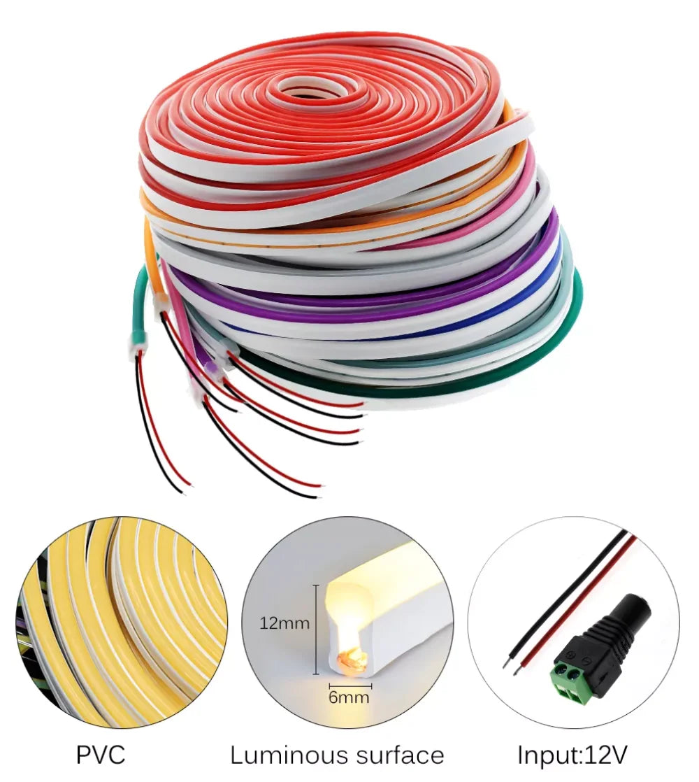 Flexible Tira Led Neon Flex Led Strip Light, Flexible LED strip with luminescent PVC surface, 12V input, available in 6mm and 12mm sizes.