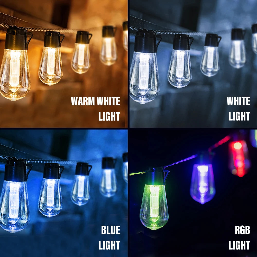LED Solar String Light, Bulb strings connect with hooks or wires for linear or fanned arrangements.