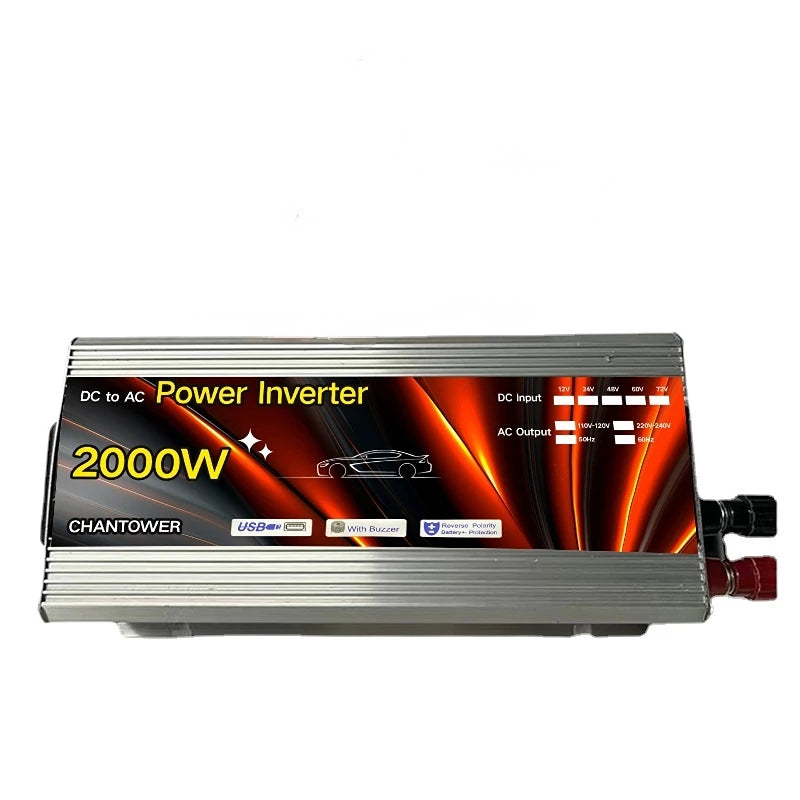 Solar Inverter, Converts 12V DC to 2000W AC with compact design and USB charging.