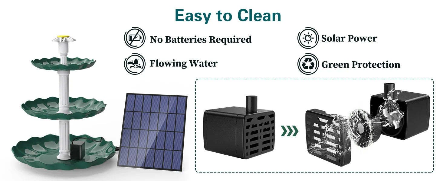 3 Tiered Bird Bath with 3W Solar Pump, Solar-powered bird bath with flowing water feature and eco-friendly design for easy cleaning.