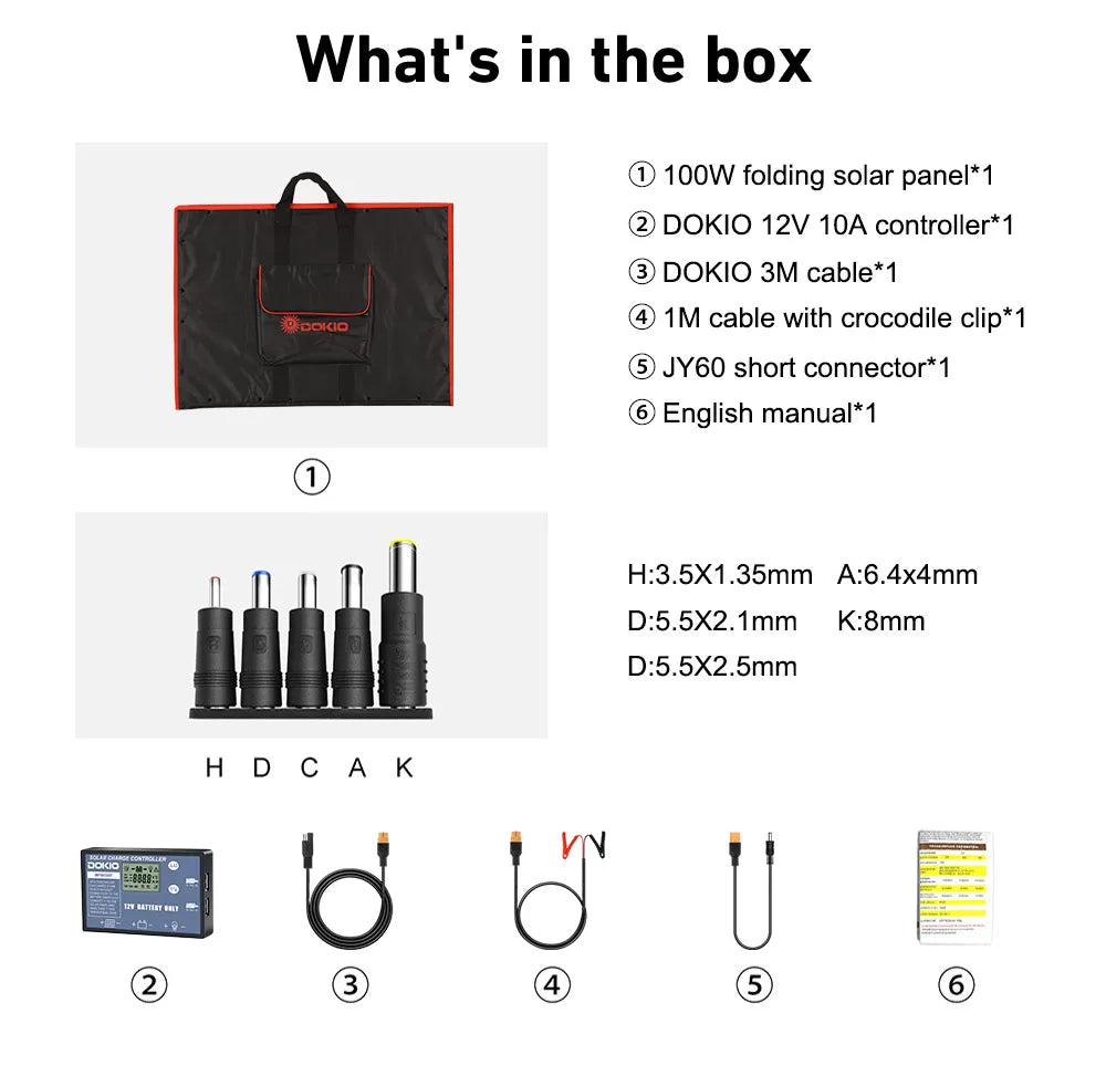 DOKIO 18V 100W 300W Portable Ffolding Solar Panel, Folding solar panel kit with controller, cables, and connector for charging devices on-the-go.