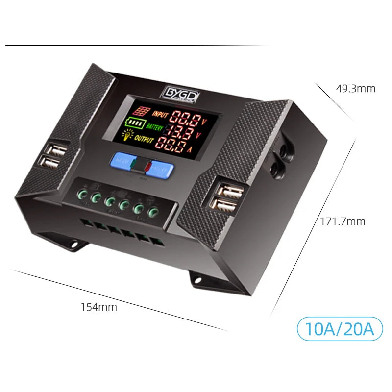 30A Solar Charge Controller, Product dimensions: 49.3mm x 47mm (input) and 171.7mm x 154mm (overall).