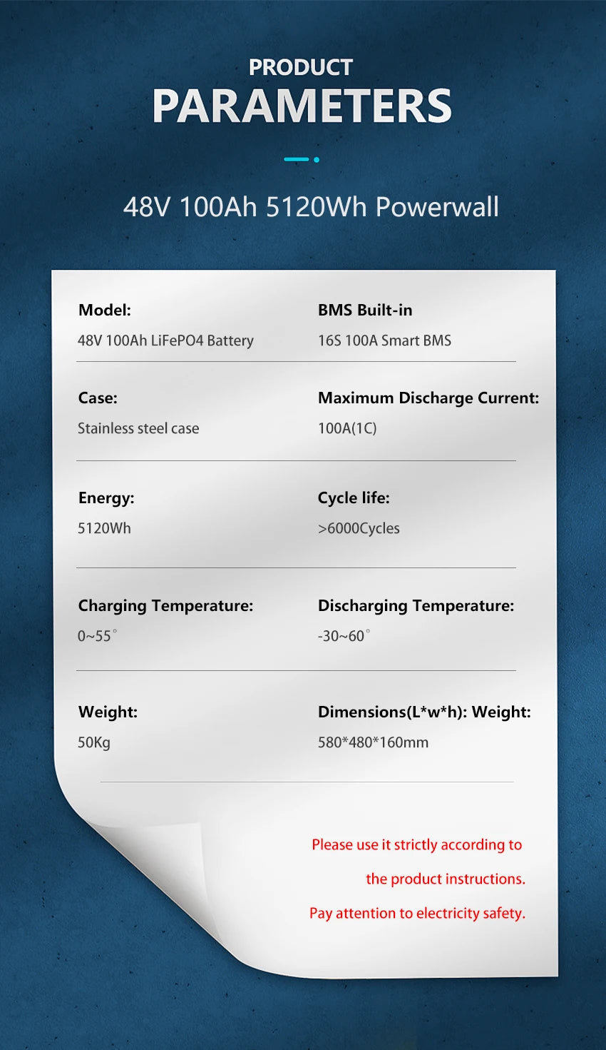 Powerwall LiFePO4 48V 100AH 5KW Battery, Lithium solar battery pack with 48V, 100AH capacity and 5kW power.