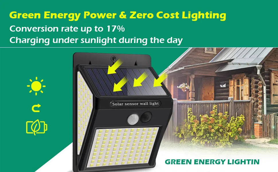 230 LED Solar Outdoor Garden Light, Solar-powered spotlight converts sunlight into energy, with motion sensor and waterproof design for patio use.