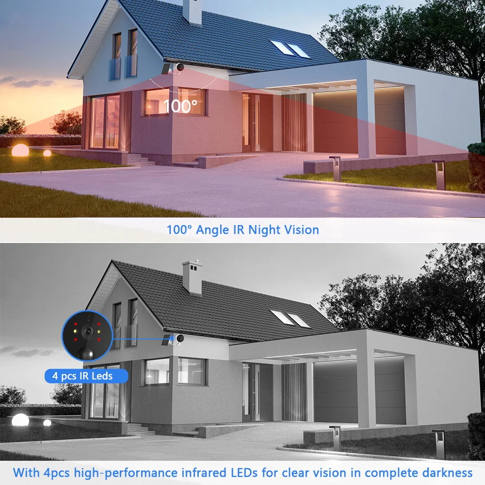 Wireless Solar Camera, Infrared LED camera with 4 high-performance lights for clear nighttime vision.