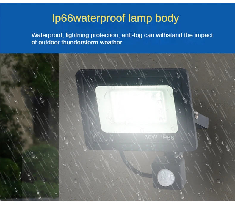 PIR Motion Sensor LED Flood Light, Waterproof design protects against water, fog, and storms for reliable outdoor use.