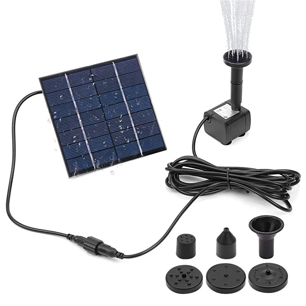 1.4W Mini Solar Fountain, Renewable energy-powered water feature kit for small spaces and bird baths, suitable for indoor or outdoor use.