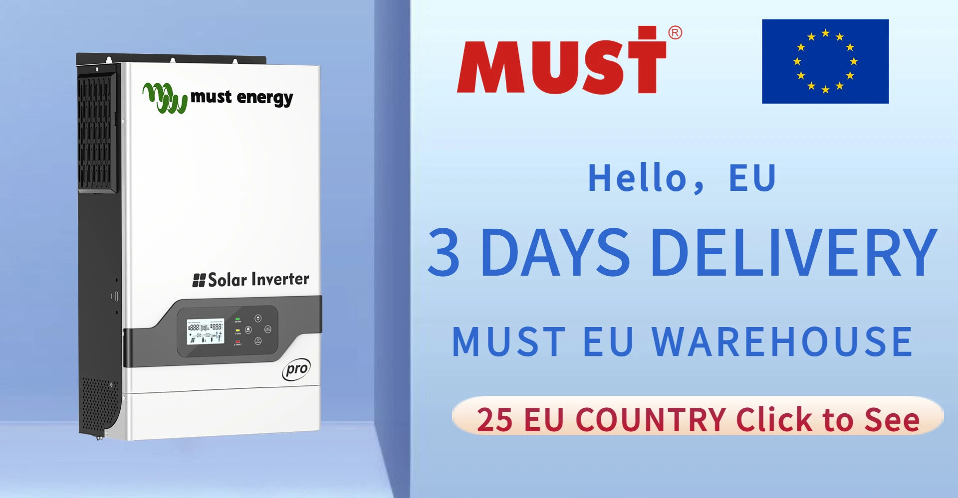 Must Energy's MUST 2023 solar inverter with fast 3-day delivery and EU warehouse for 25 countries.