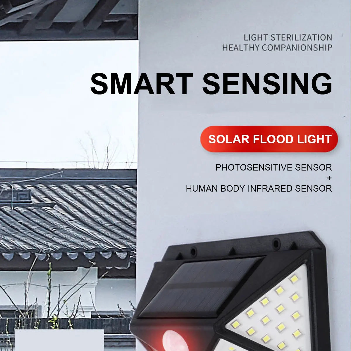 Solar-powered outdoor lamp with advanced sensors for healthy companionship and sterilization under bright light.