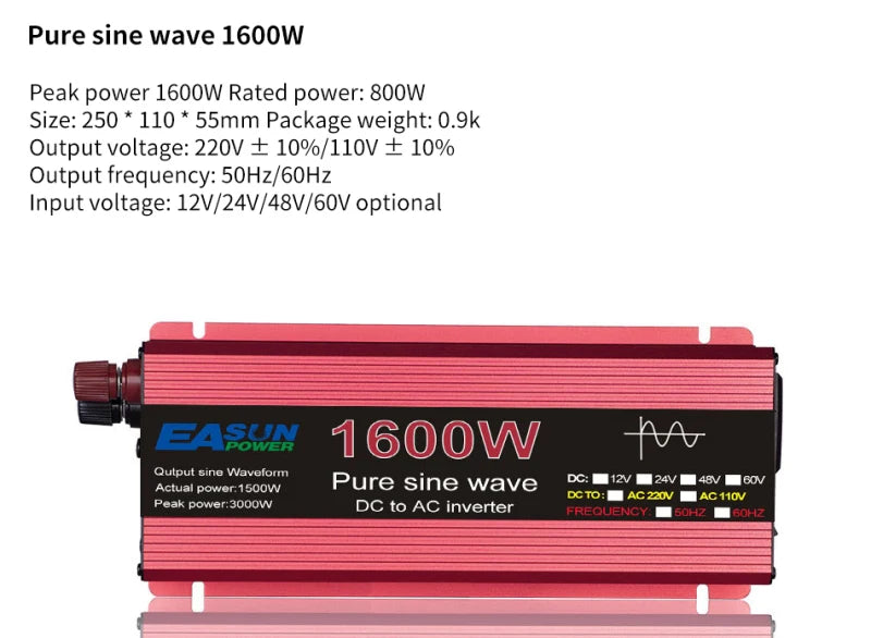 Pure sine wave inverter converts DC power to AC power with high efficiency.