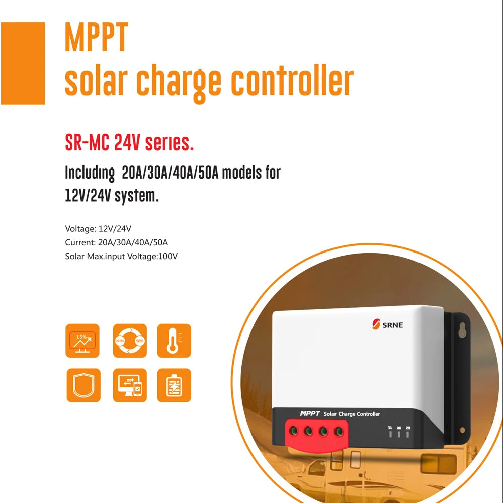 SRNE MPPT Solar Charge Controller, MPPT Solar Charge Controller for 12V/24V Systems, supports up to 1200W and various current ratings.