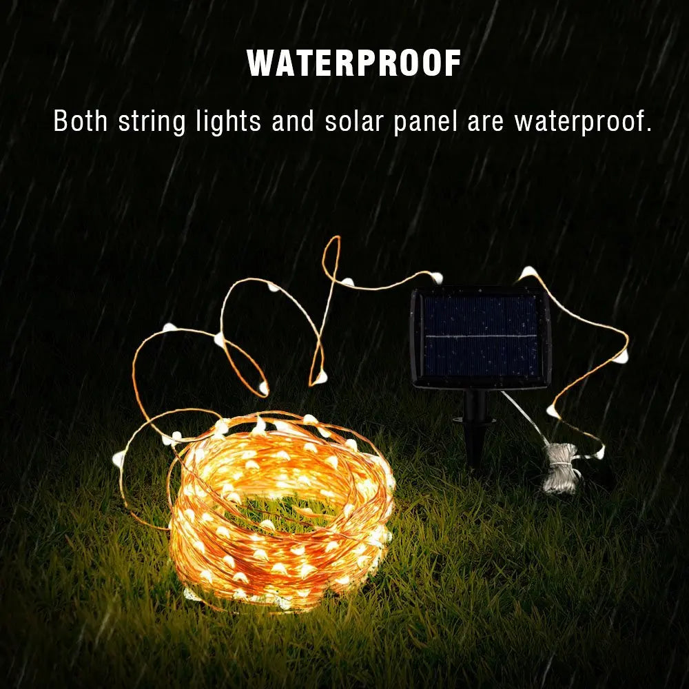 Waterproof design includes both lights and solar panel for outdoor use.