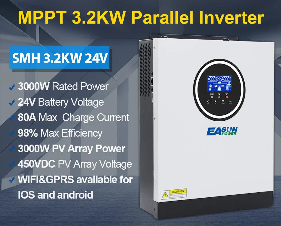 Easun Power 3200VA 3000W Solar Inverter, Easun Power's solar inverter features built-in MPPT controller, Wi-Fi/GPRS connectivity, and high efficiency.