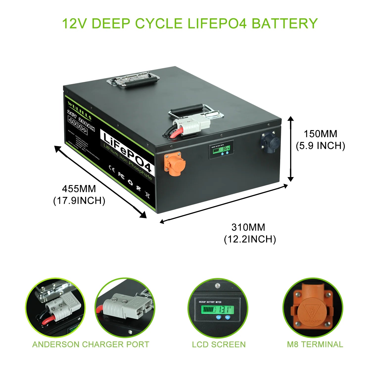 LiFePO4 battery for home energy storage, solar power and BMS included, available in various capacities and voltages.