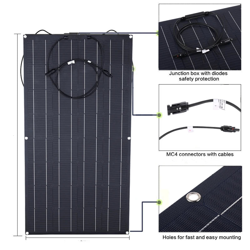 300W ETFE Semi-flexible 18V Solar Panel, Rugged connector box with easy-mount holes for quick installation.