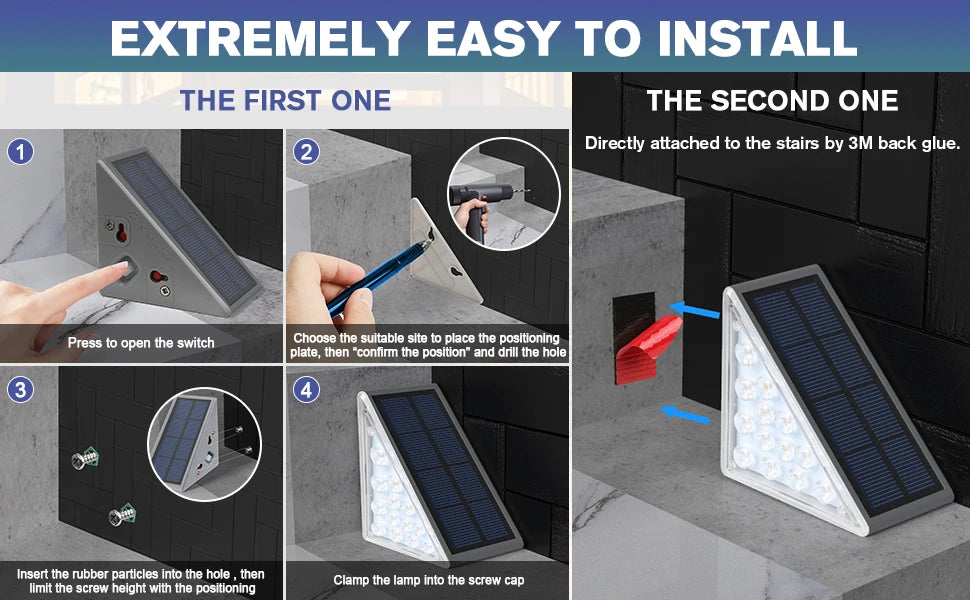 Easy installation via 3M adhesive and screws for solar stair lighting.