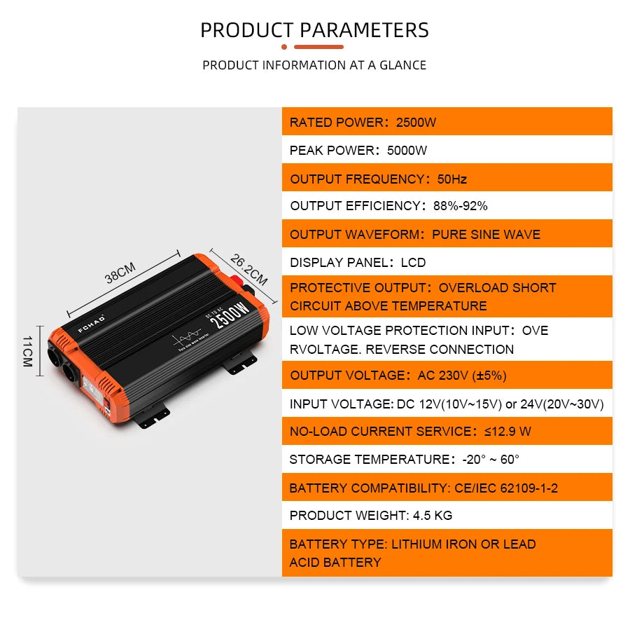 Solar power inverter converts 12/24V to 220V AC, with LCD display and remote control.