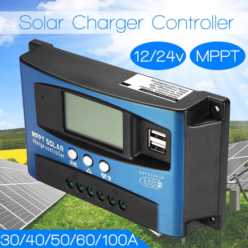 30/40/50/60/100A MPPT Solar Charge Controller, MPPT Solar Charge Controller with LCD Display, Dual USB Ports, and Load Function for Charging Devices.