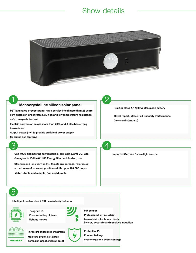 Motion Sensor LED Solar Light, Solar-powered light with reliable monocrystalline silicon panel and built-in battery for stability and durability.