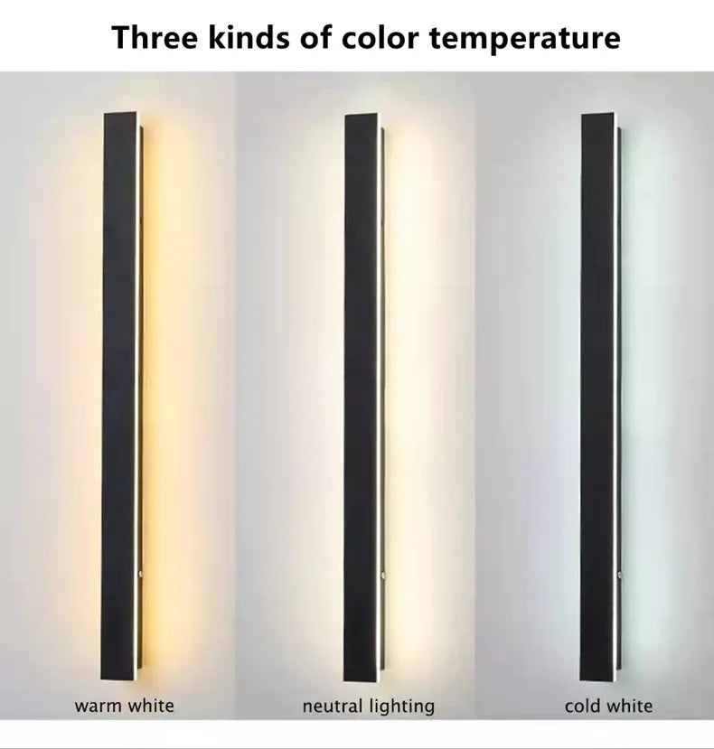 Waterproof LED long wall light, Available in three color temperatures: warm white, neutral, and cool white.