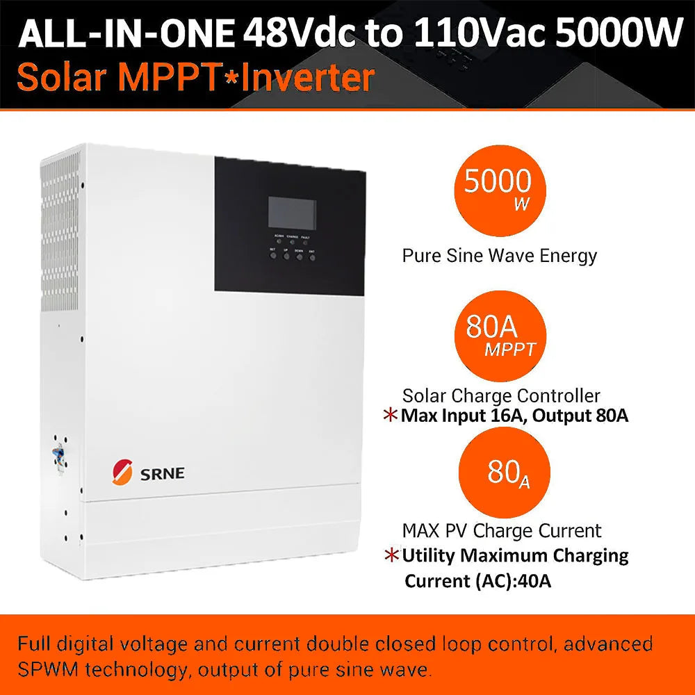SRNE 5000W 48V Hybrid Inversor, Hybrid inverter with built-in MPPT charger for solar power and battery charging.