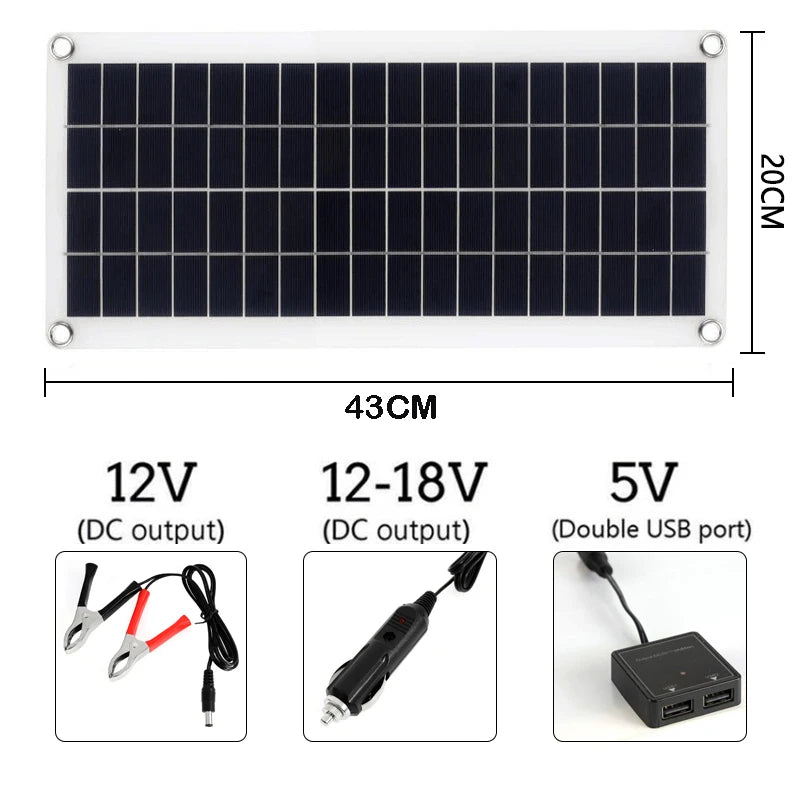 Solar Panel, Portable solar-powered fan with adjustable voltage and USB charging ports.