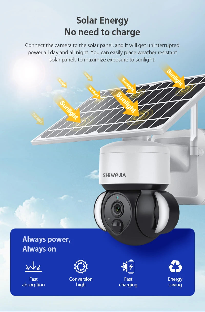 SHIWOJIA ST-518 Solar Camera, Solar-powered camera captures all-day/all-night footage with weather-resistant panels for uninterrupted power.