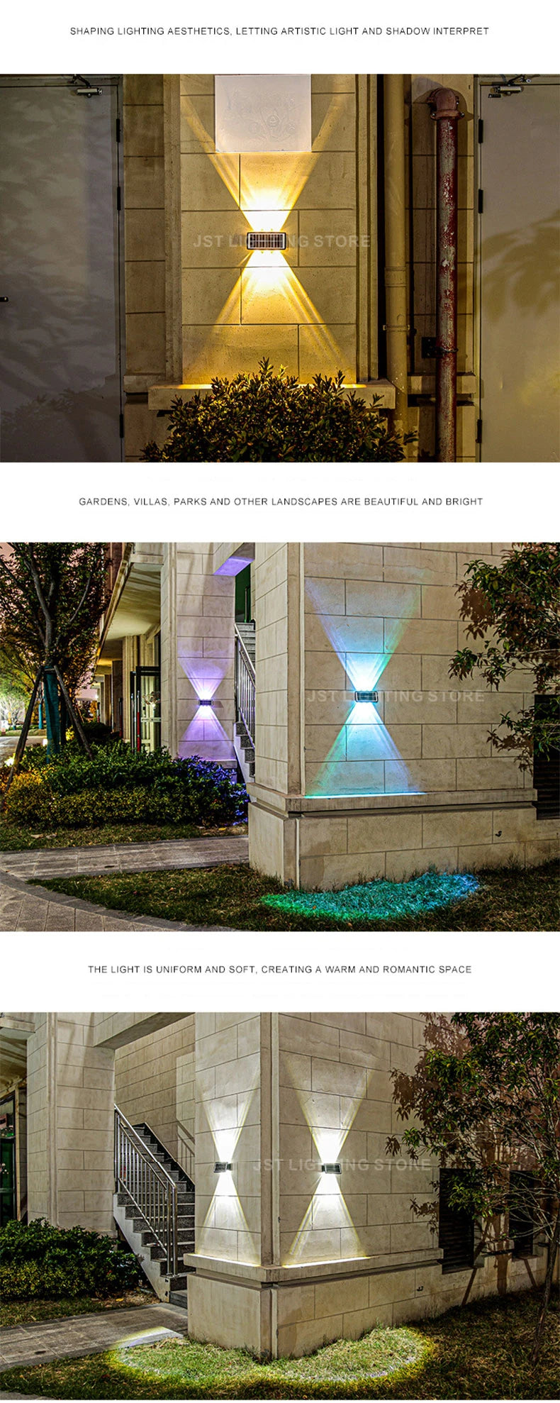 Solar LED Wall Light, Artistic solar-powered lamp creates soft, romantic light for gardens, villas, and parks.
