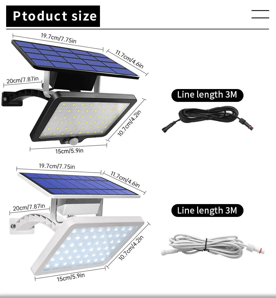 48 leds Solar Light, Adjustable outdoor solar light with bright LEDs, water-resistant, and adjustable angle for wall, yard, or street use.