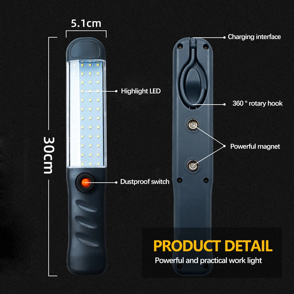 Rechargeable LED flashlight with magnetic base, hook, and adjustable light settings for outdoor use.
