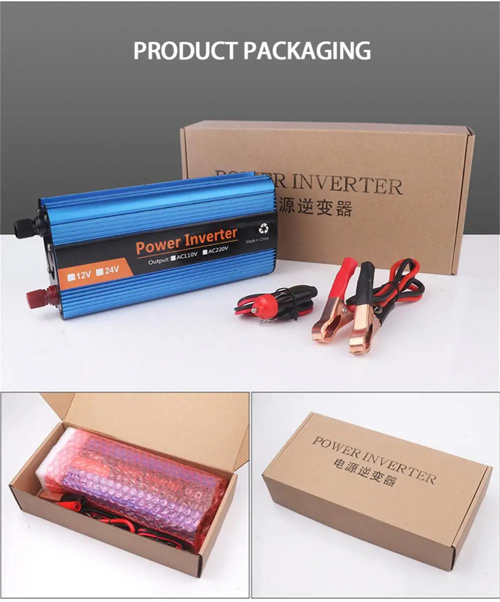 4000w/6000w Pure Sine Inverter, Inverter converts DC power to 220V AC for powering devices, featuring an LED screen.
