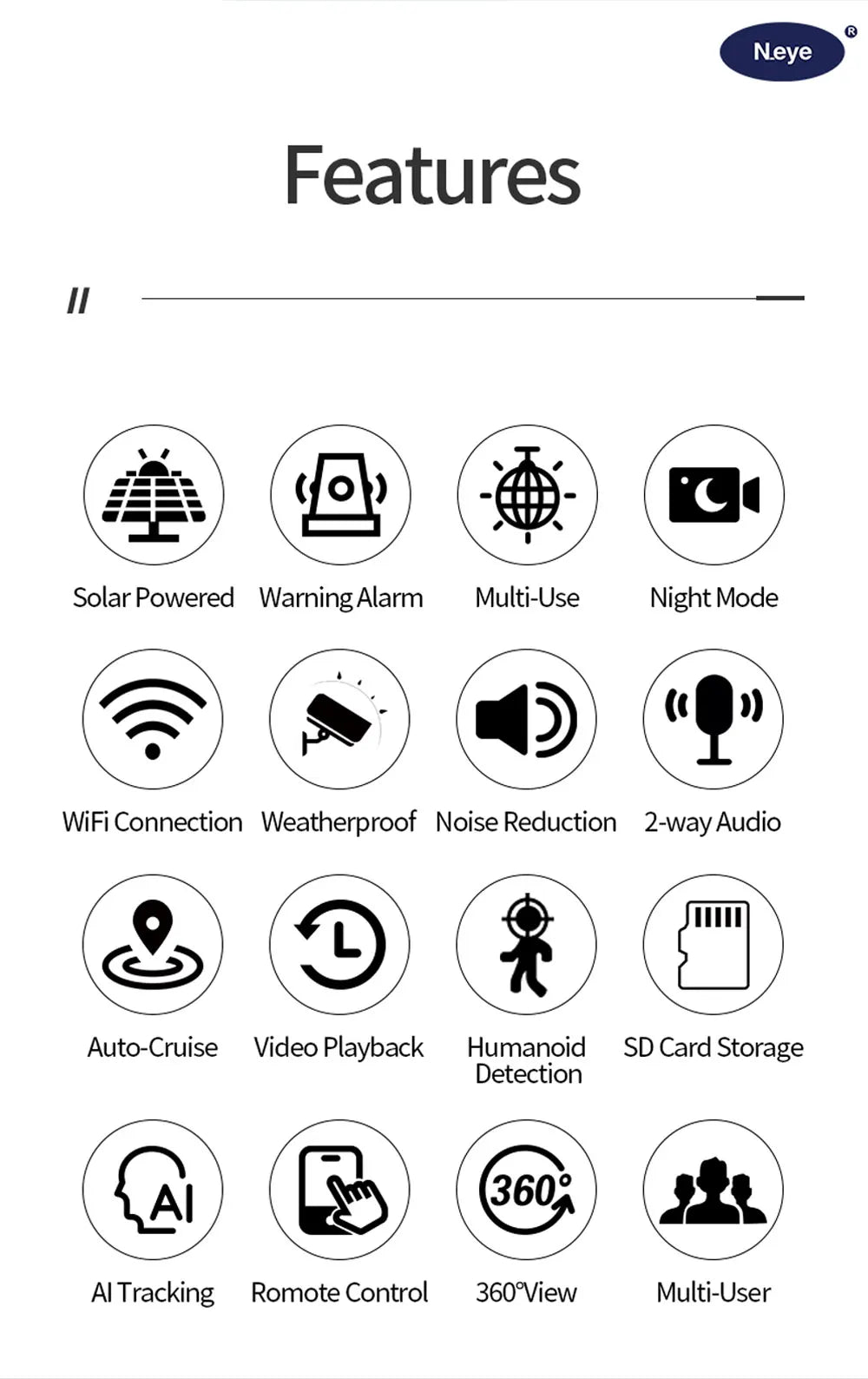 Solar-powered nanny cam with WiFi connectivity, night mode, and remote control features.