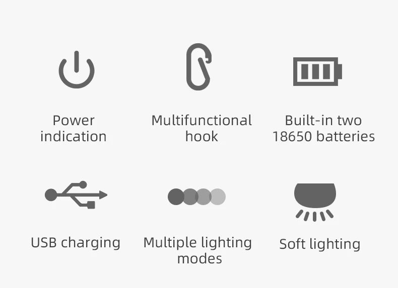 LV10 Outdoor LED Camping Flashlight, Multifunctional flashlight with hook, USB rechargeable, and adjustable light modes using 18650 batteries.