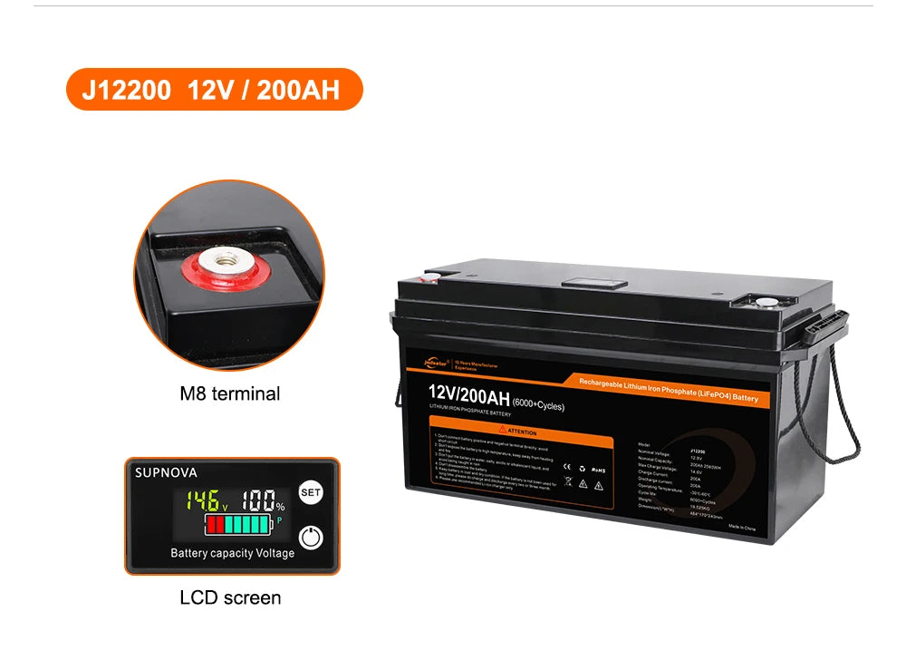 Removable energy storage battery for solar boats with M8 terminals, photovoltaic function, and LCD display.