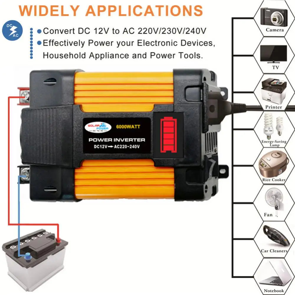 4000/6000W Solar Car Power Inverter, DC Power Inverter: Converts 12V DC to AC 220-240V for powering devices like cameras, appliances, and tools.