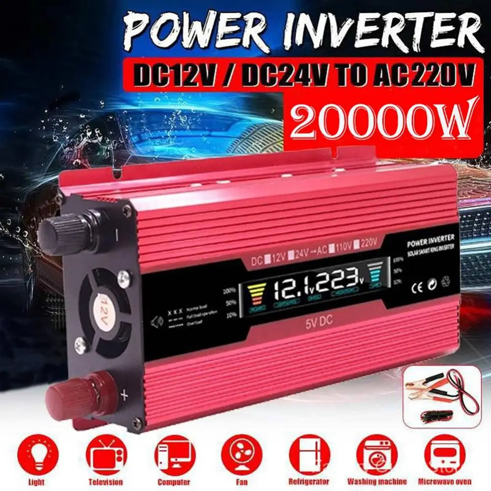 Pure sine wave inverter converts DC power to AC power for universal device use.