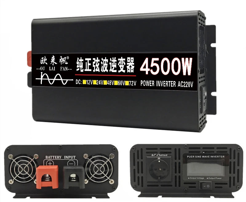 Pure sine wave inverter converts DC solar power to AC household power with remote control.