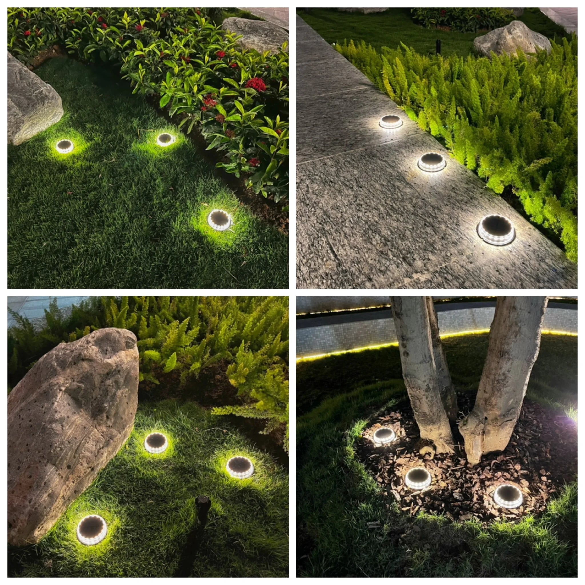 4Pack Solar Ground Light, Solar-powered ground lights with 17 LEDs for outdoor use on lawns, pathways, and patios.